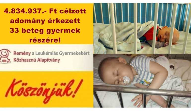 4.834.937.- Ft célzott adomány érkezett 33 beteg gyermek  részére!