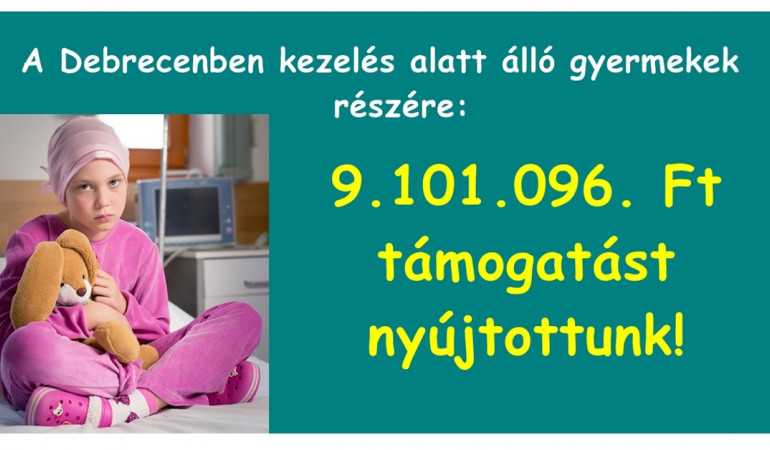 A Debrecenben kezelés alatt álló gyermekek részére, mint egy 9.101.096. Ft támogatást nyújtottunk