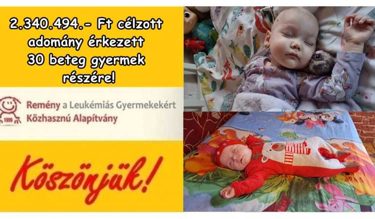 2.340.494.- Ft célzott adomány érkezett 30 beteg gyermek részére!